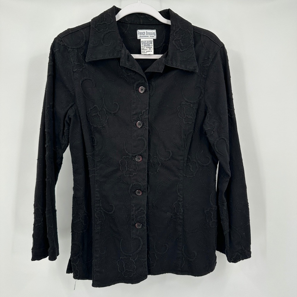 French Dressing Womens‎ Boho Black Denim Jacket Size 8 Minimalist Embroidered